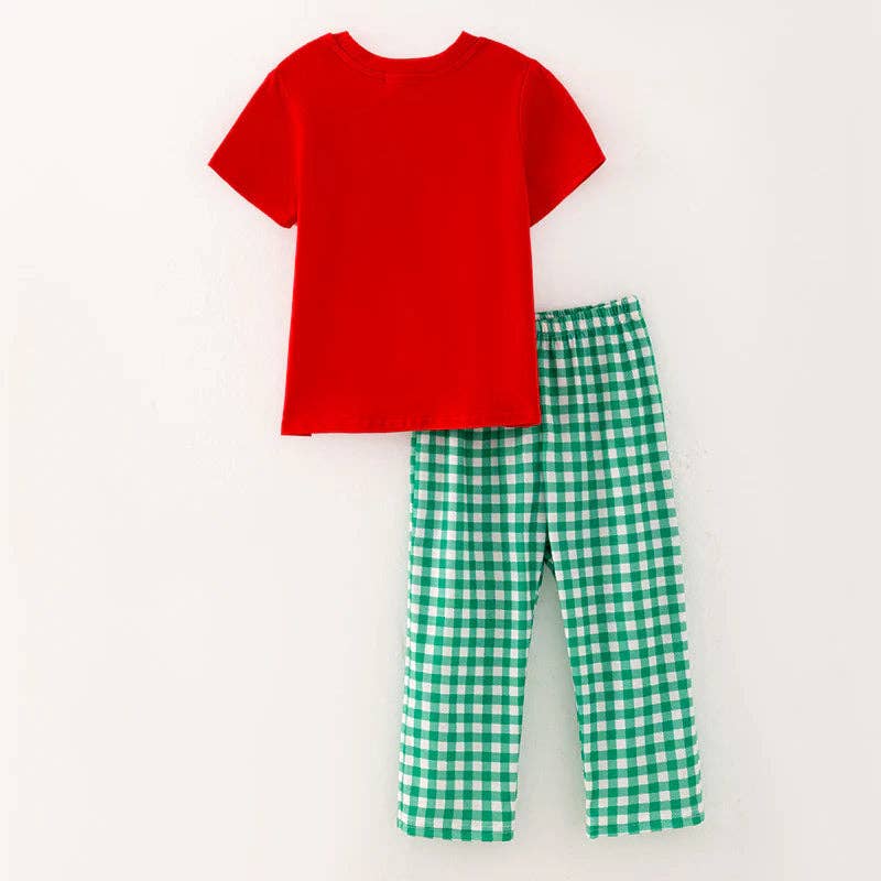 Boys Brother Christmas Tree Embroidery Smock Red Green Outfit: 2T / Two Pieces Set