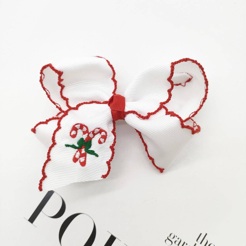 Christmas Santa Claus Candy Cane Embroidery Hair Clips Bow Hairpins Girls: Red