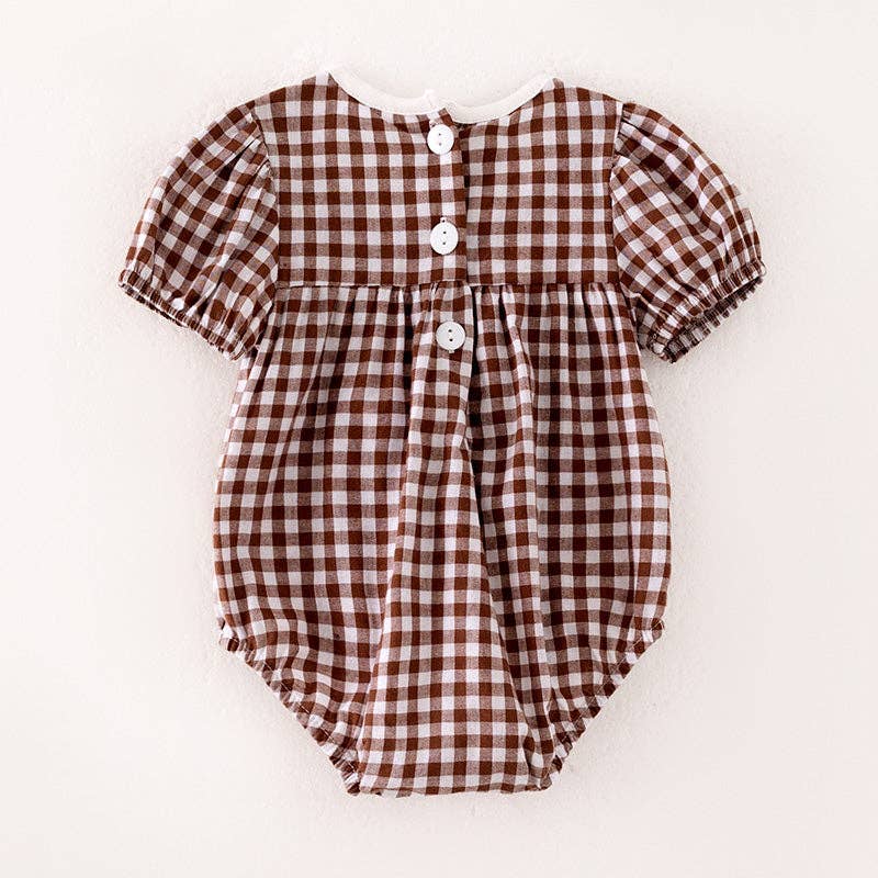 Girls Thanksgiving Pumpkin Turkey Embroidery Brown Plaid Romper: 18-24M