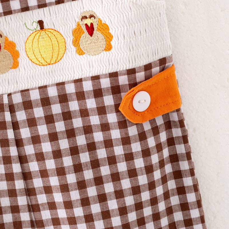 Boys Thanksgiving Pumpkin Turkey Embroidery Smock Romper: 6-12M