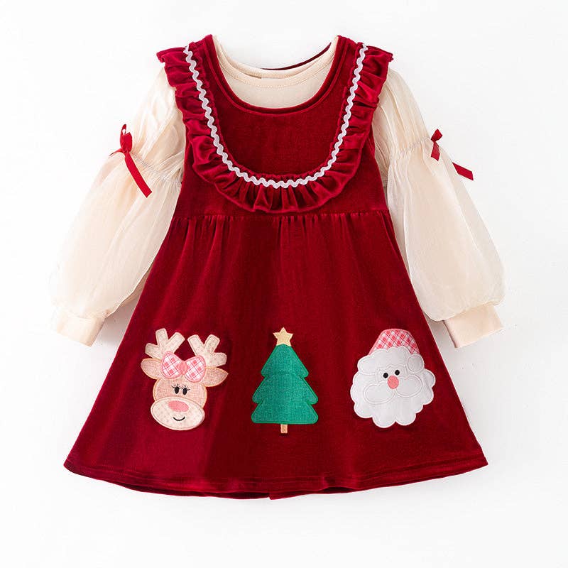 Christmas Velvet Dress & Romper Set with Embroidery – Reindeer, Tree & Santa: ROMPER SET / 12-18M