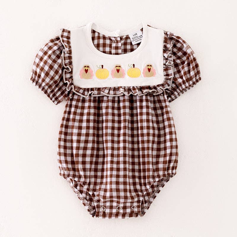 Girls Thanksgiving Pumpkin Turkey Embroidery Brown Plaid Romper: 6-12M