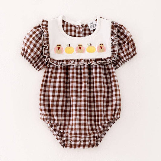 Girls Thanksgiving Pumpkin Turkey Embroidery Brown Plaid Romper: 12-18M