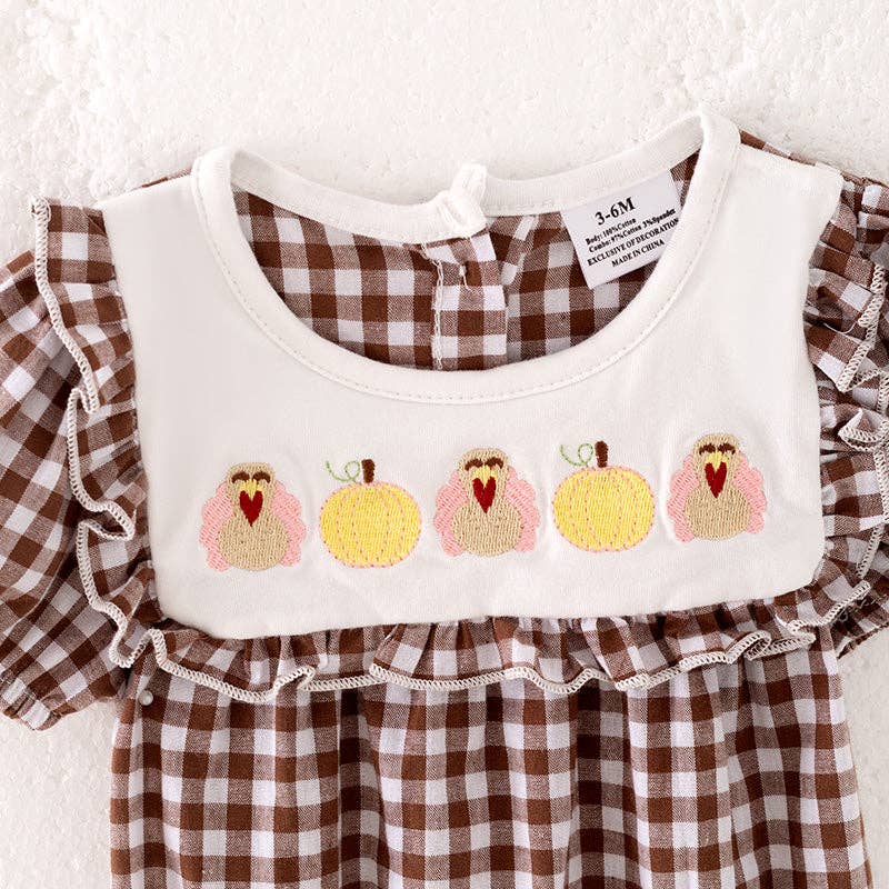 Girls Thanksgiving Pumpkin Turkey Embroidery Brown Plaid Romper: 6-12M