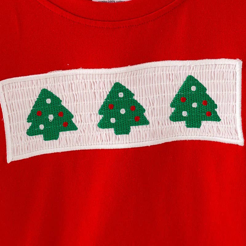 Boys Brother Christmas Tree Embroidery Smock Red Green Outfit: 2T / Two Pieces Set