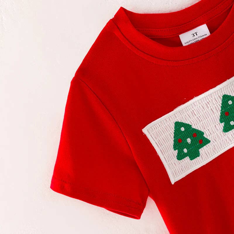 Boys Brother Christmas Tree Embroidery Smock Red Green Outfit: 2T / Two Pieces Set