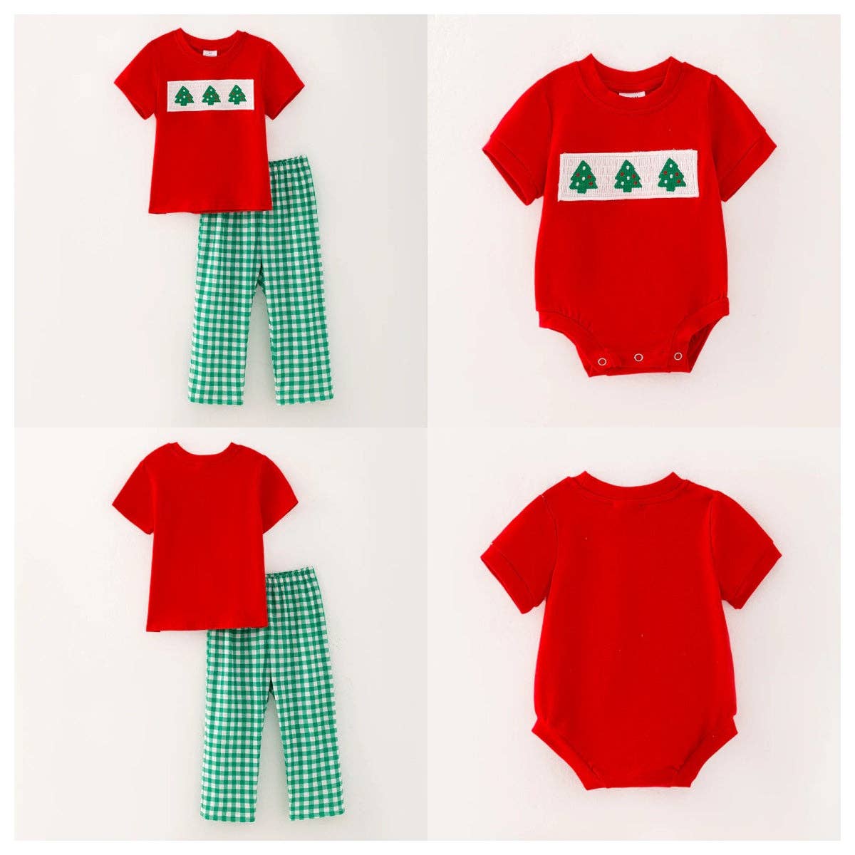 Boys Brother Christmas Tree Embroidery Smock Red Green Outfit: 4T / Two Pieces Set