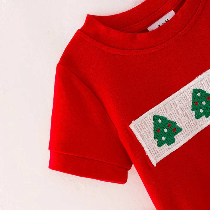 Boys Brother Christmas Tree Embroidery Smock Red Green Outfit: 2T / Two Pieces Set