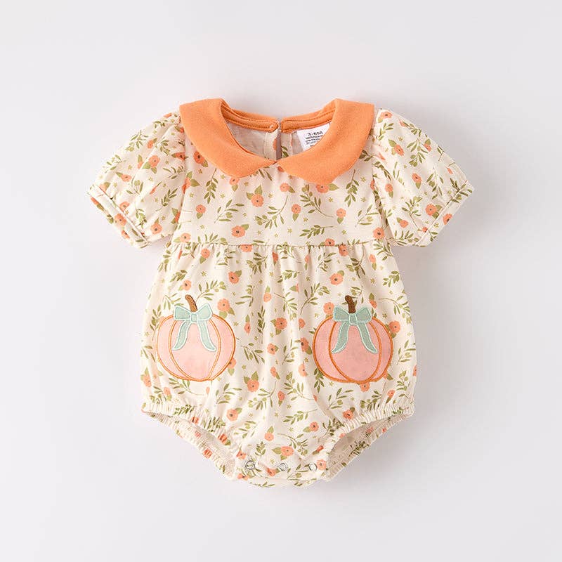 Baby Girls Fall Halloween Pumpkin Applique Bubbles Romper: 6-12M
