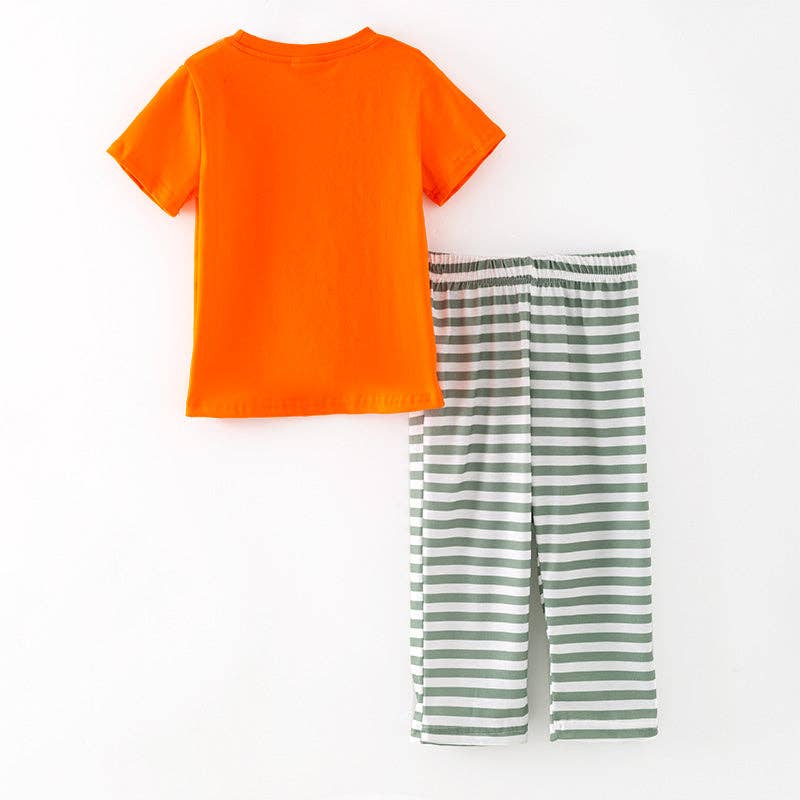 Boys Halloween Pumpkin Embroidery Smocked Stripes Pant Set: 12-18M