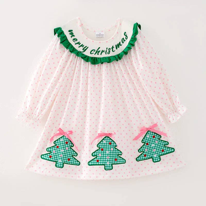 Girls Pink Dot Merry Christmas Embroidery Dress: 4T