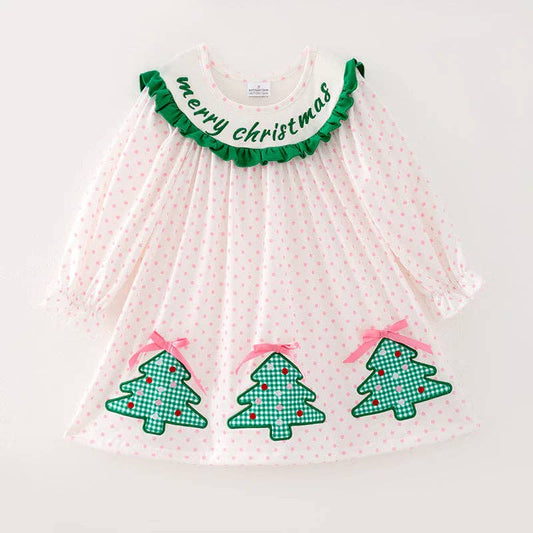 Girls Pink Dot Merry Christmas Embroidery Dress: 4T