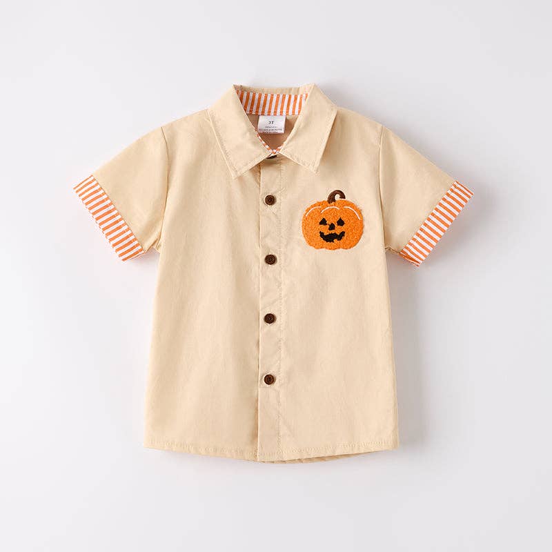 Boys Halloween Pumpkin Chenille Patch Cotton Shirt: L