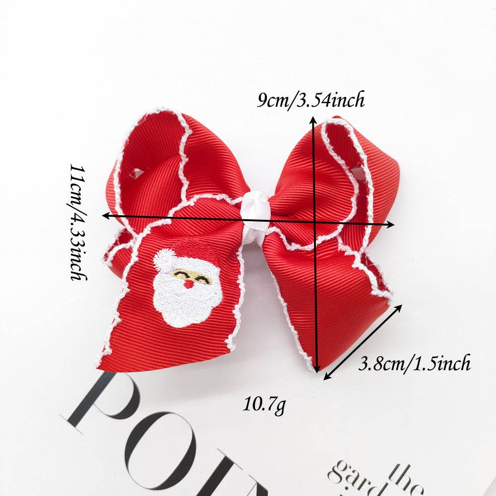 Christmas Santa Claus Candy Cane Embroidery Hair Clips Bow Hairpins Girls: White