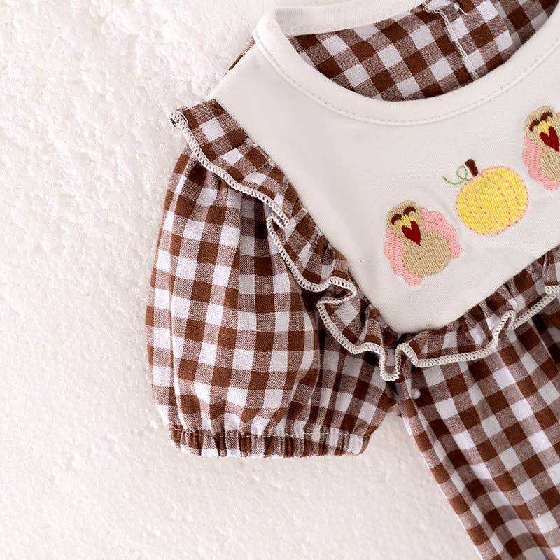 Girls Thanksgiving Pumpkin Turkey Embroidery Brown Plaid Romper: 18-24M