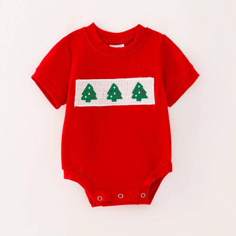 Boys Brother Christmas Tree Embroidery Smock Red Green Outfit: 3T / Two Pieces Set