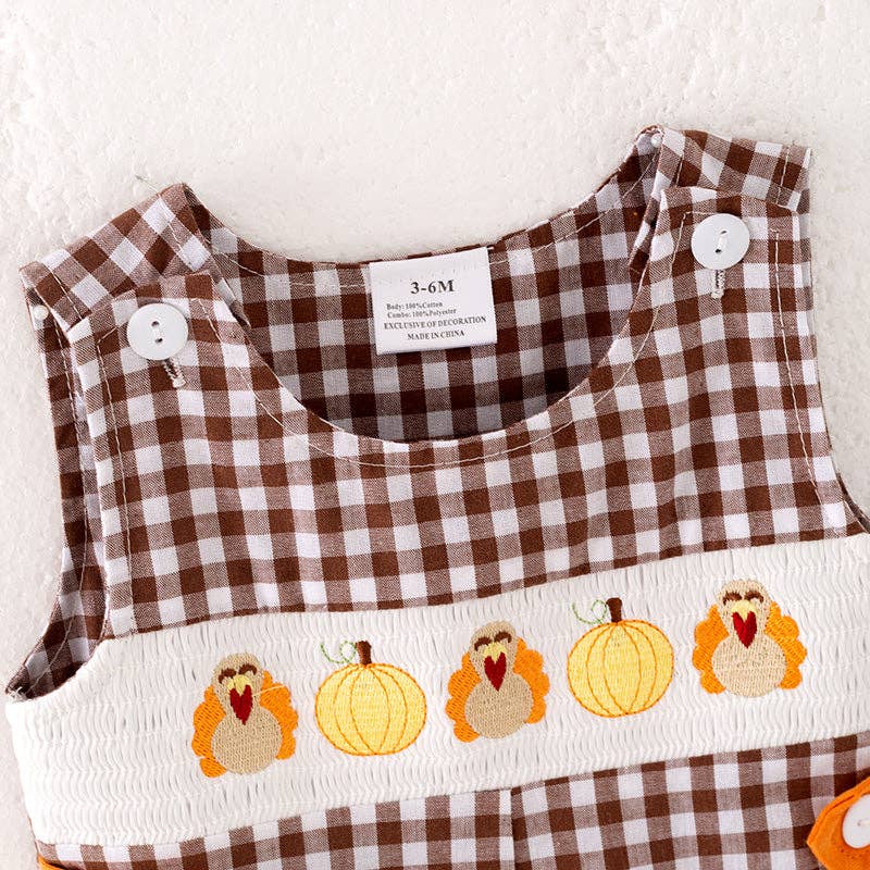 Boys Thanksgiving Pumpkin Turkey Embroidery Smock Romper: 6-12M