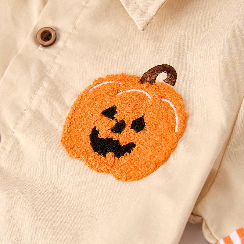 Boys Halloween Pumpkin Chenille Patch Cotton Shirt: S