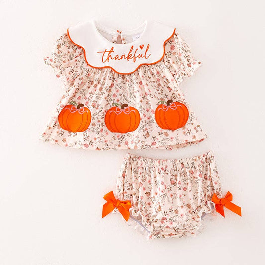 Baby Girls Thanksgving Pumpkin Thankful Embroidery Romper Set: 12-18M