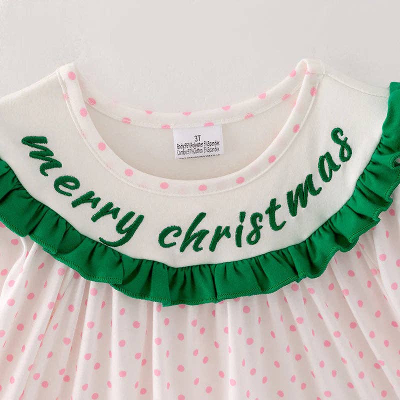 Girls Pink Dot Merry Christmas Embroidery Dress: 5T