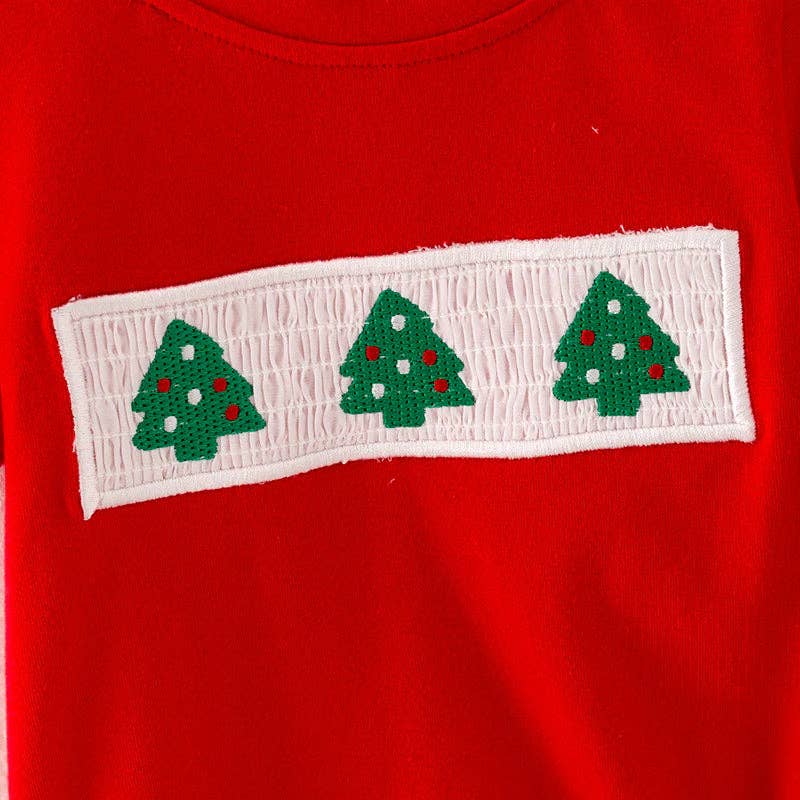 Boys Brother Christmas Tree Embroidery Smock Red Green Outfit: 2T / Two Pieces Set