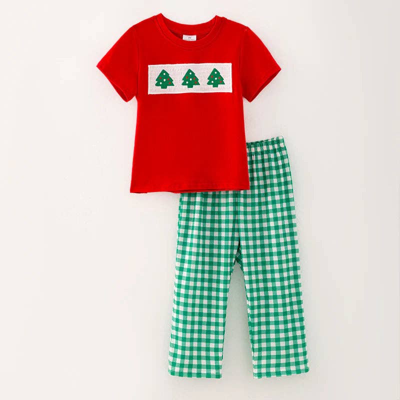Boys Brother Christmas Tree Embroidery Smock Red Green Outfit: 3T / Two Pieces Set