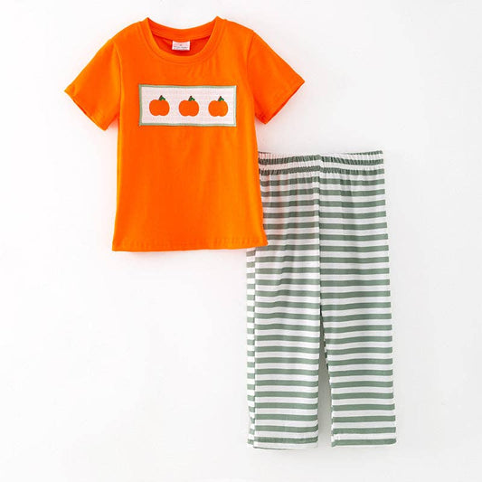 Boys Halloween Pumpkin Embroidery Smocked Stripes Pant Set: 12-18M