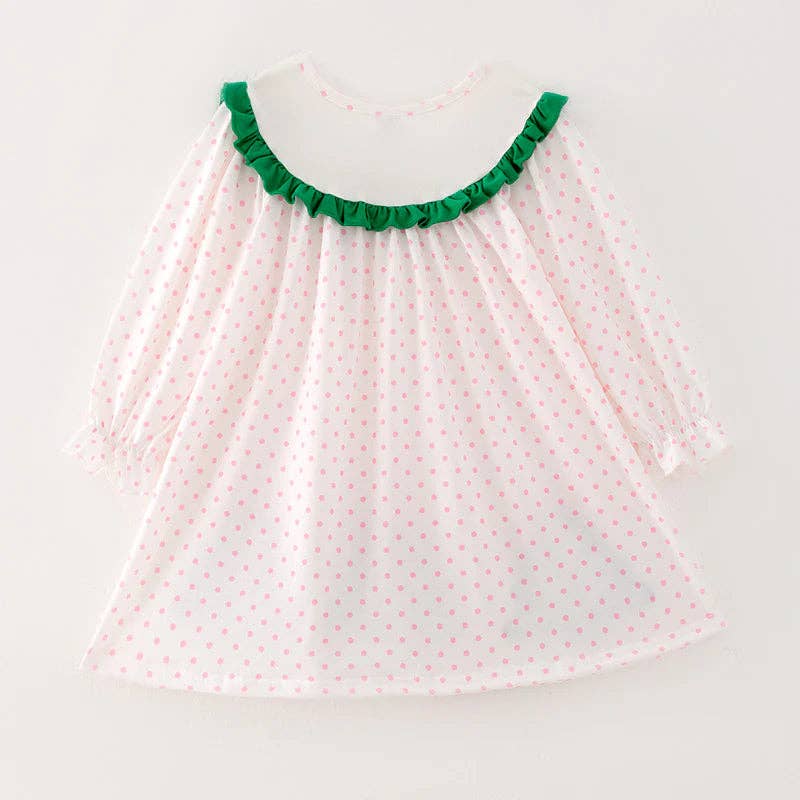 Girls Pink Dot Merry Christmas Embroidery Dress: 4T