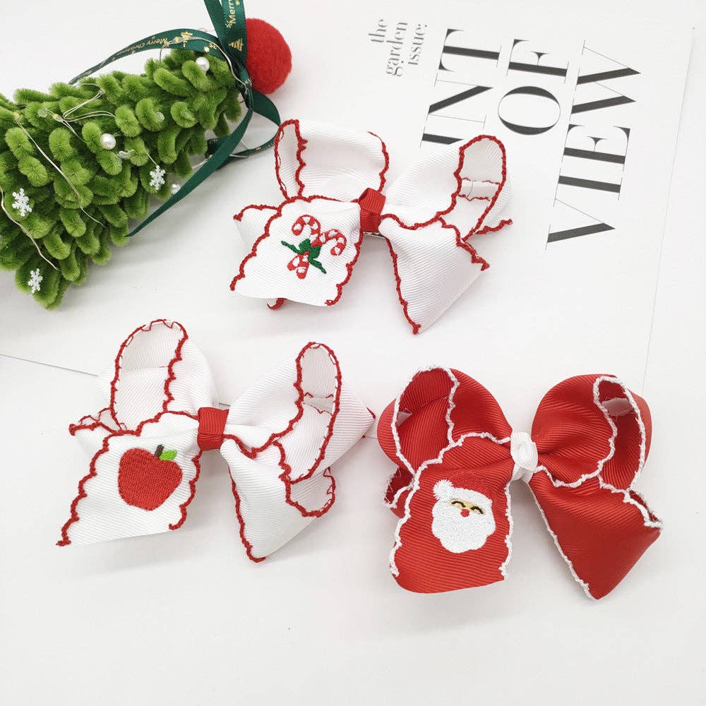 Christmas Santa Claus Candy Cane Embroidery Hair Clips Bow Hairpins Girls: White