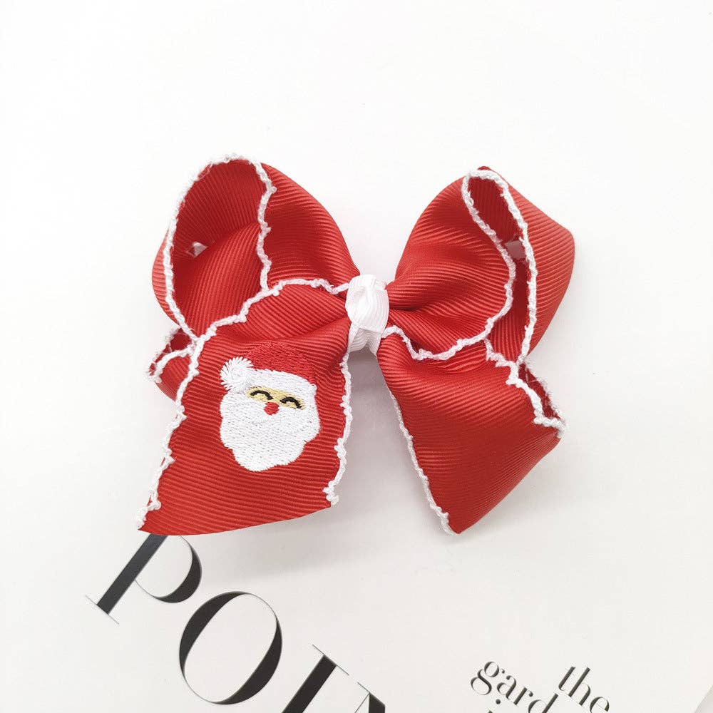 Christmas Santa Claus Candy Cane Embroidery Hair Clips Bow Hairpins Girls: White