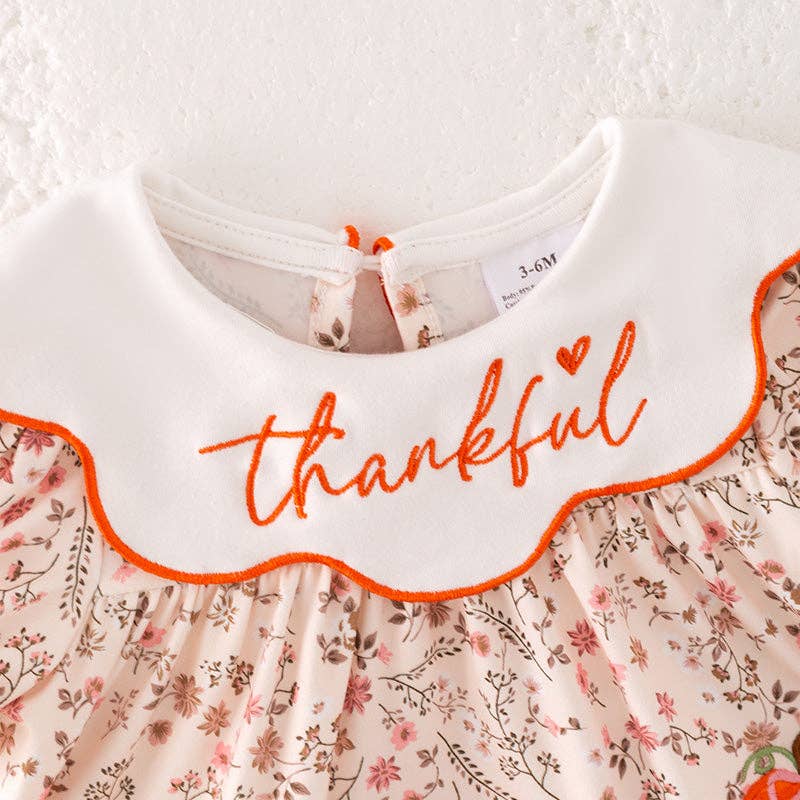 Baby Girls Thanksgving Pumpkin Thankful Embroidery Romper Set: 12-18M