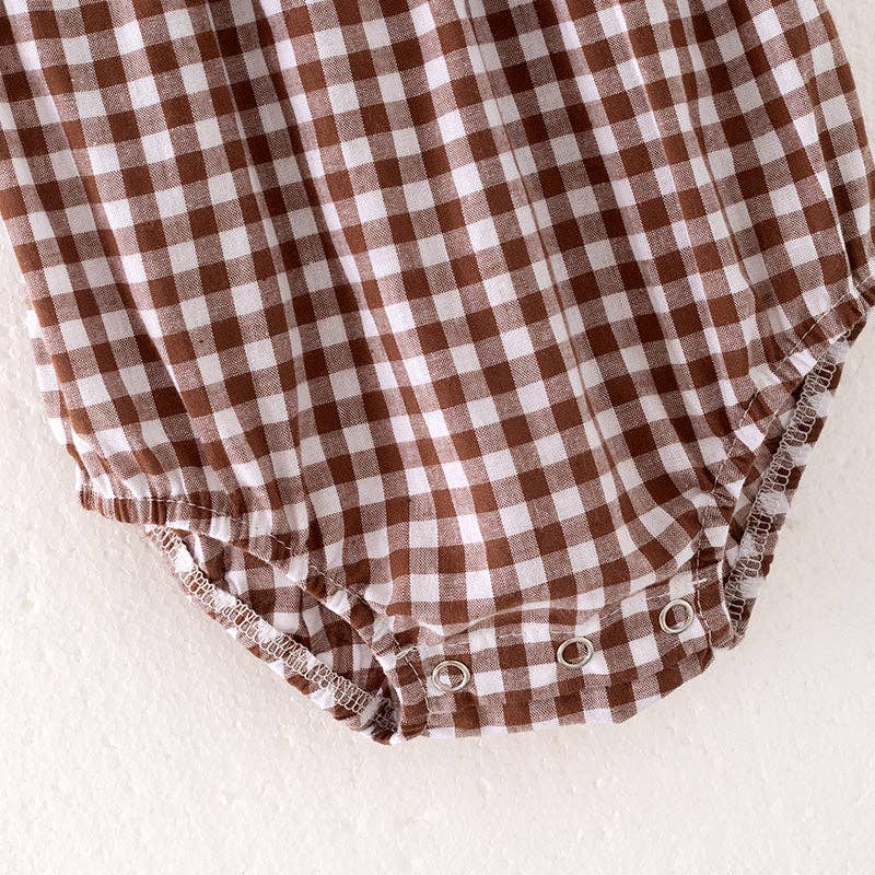 Girls Thanksgiving Pumpkin Turkey Embroidery Brown Plaid Romper: 6-12M