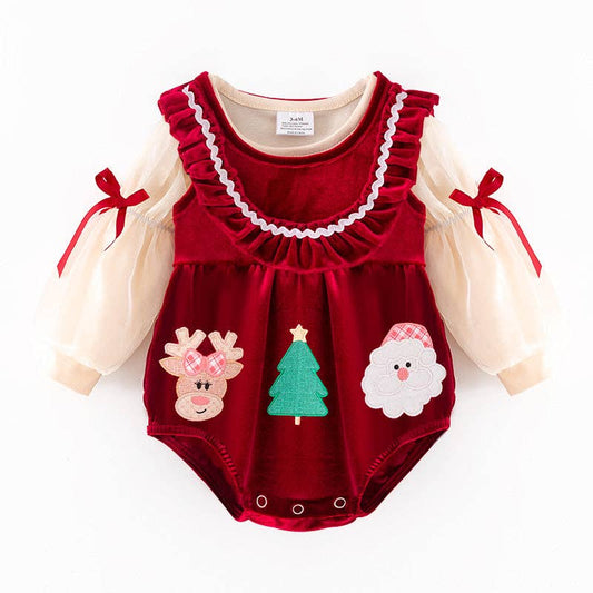 Christmas Velvet Dress & Romper Set with Embroidery – Reindeer, Tree & Santa: ROMPER SET / 12-18M