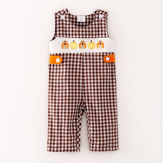 Boys Thanksgiving Pumpkin Turkey Embroidery Smock Romper: 12-18M